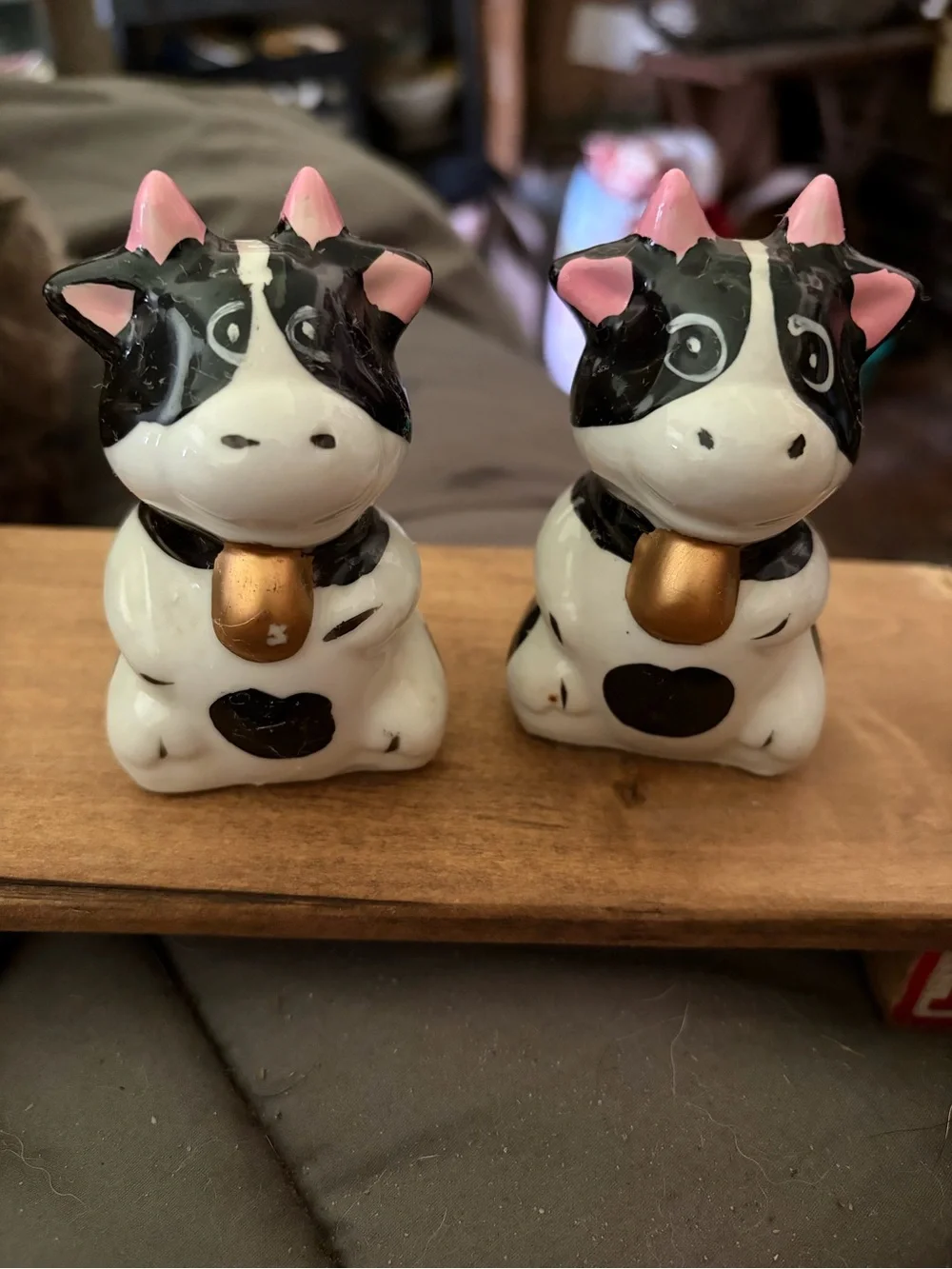 Ceramic Black & White Cow Salt and Pepper Shakers with Gold Bells